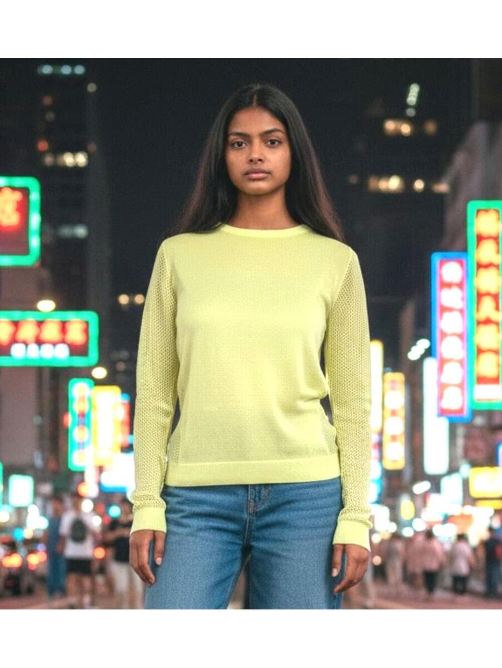 NWT Cabi Lemon Lime Green Split Back Mesh Sleeves Pullover Sweater Womens - S